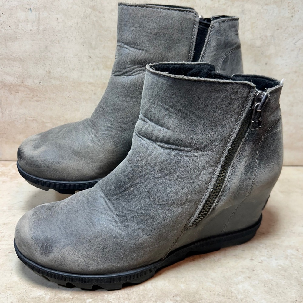 Sorel Evie Zip Wedge Booties Quarry Grey Leather Ankle Boots NL3364-052 Womens 9